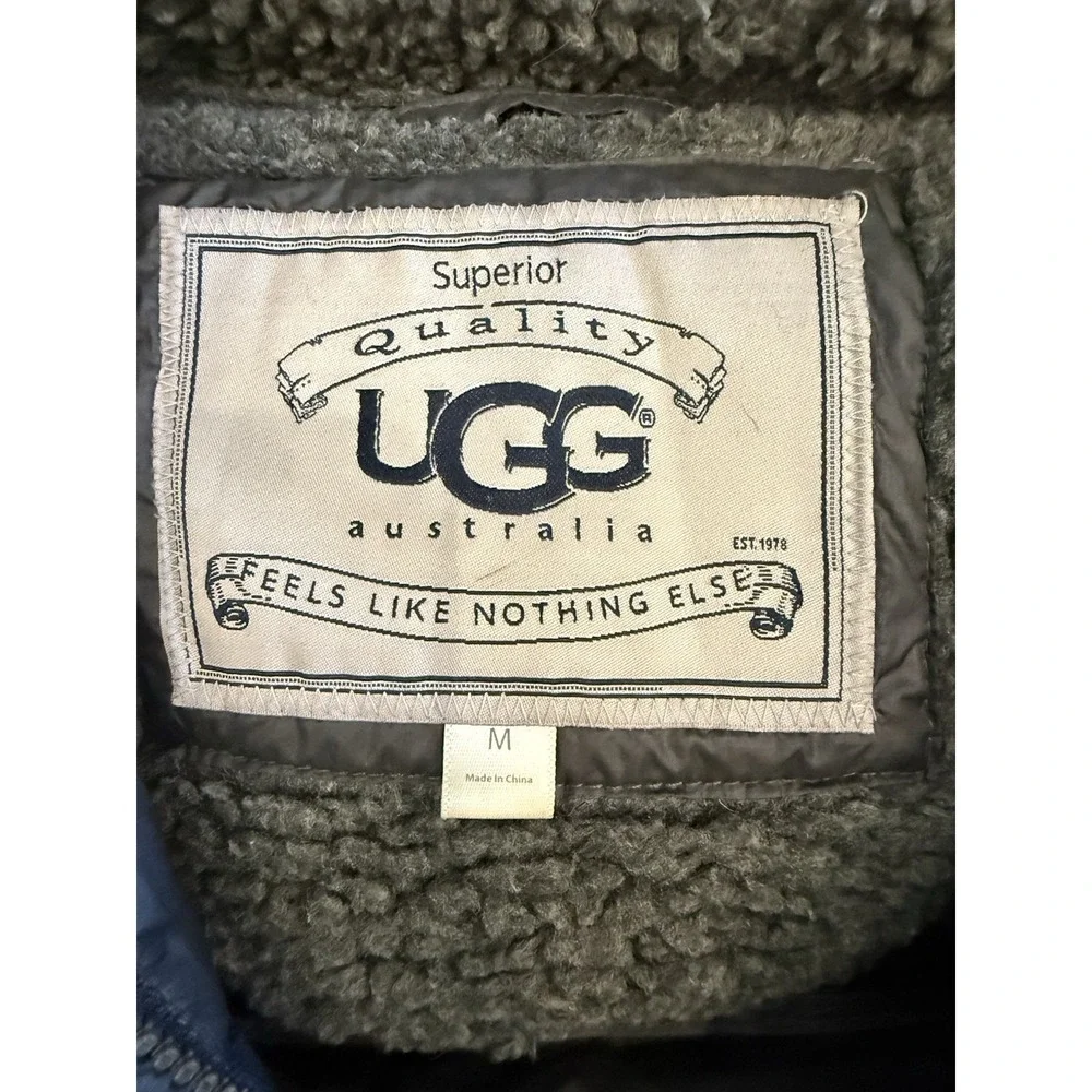 UGG Australia Women's M Gray Hooded Down Puffer Jacket Quilted Sherpa lined